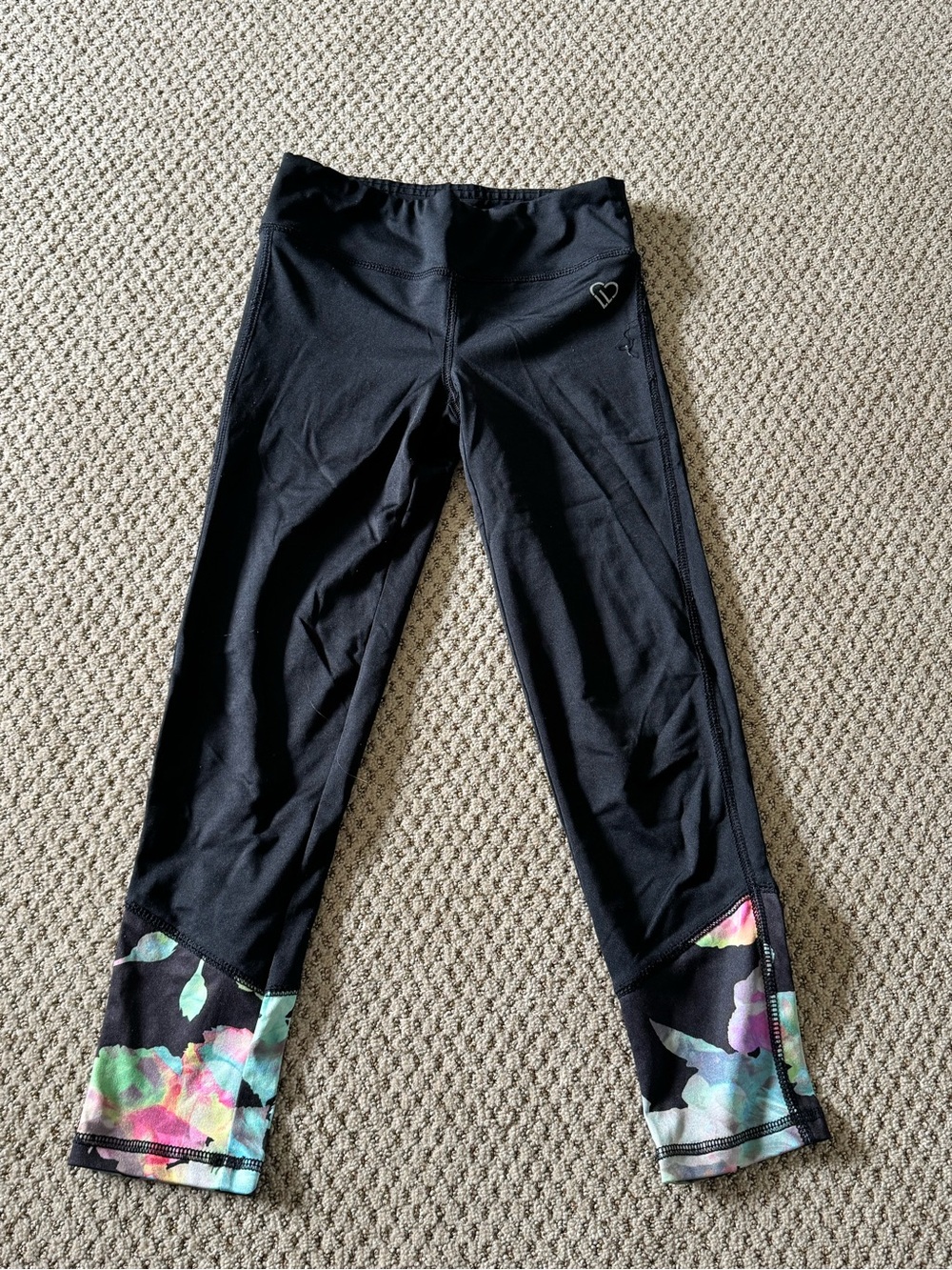 Girls' Black Active Leggings with Floral Hem and Heart Detail